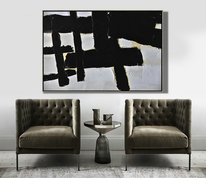 Big Canvas Painting,Horizontal Palette Knife Minimal Canvas Art Painting Black White Beige - Abstract Art Decor Large Canvas Painting